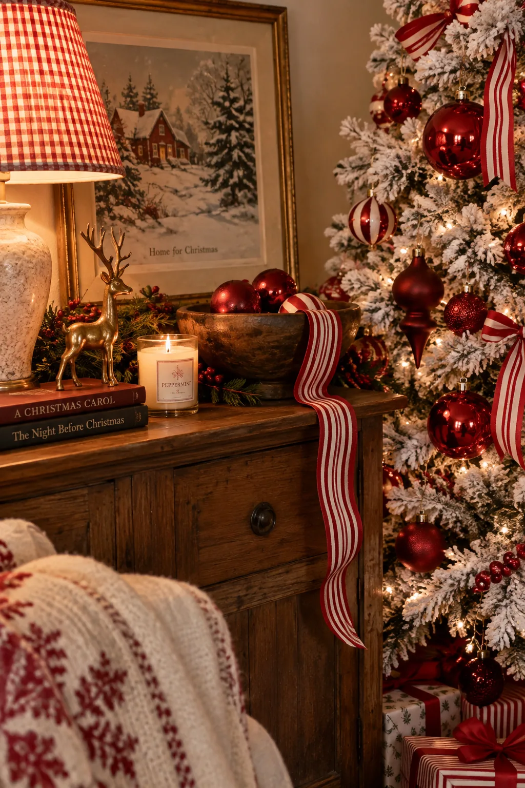Flocked tree decorated with bright red ornaments and peppermint striped ribbon