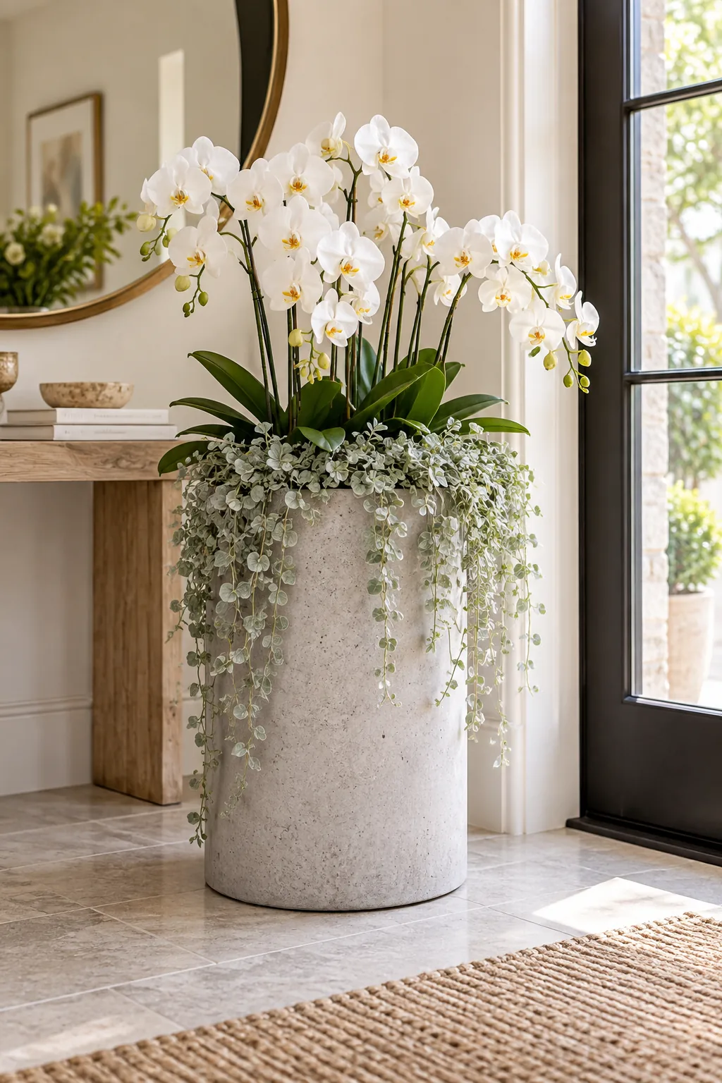 A modern concrete planter with white orchids and silver vines in a bright entryway.