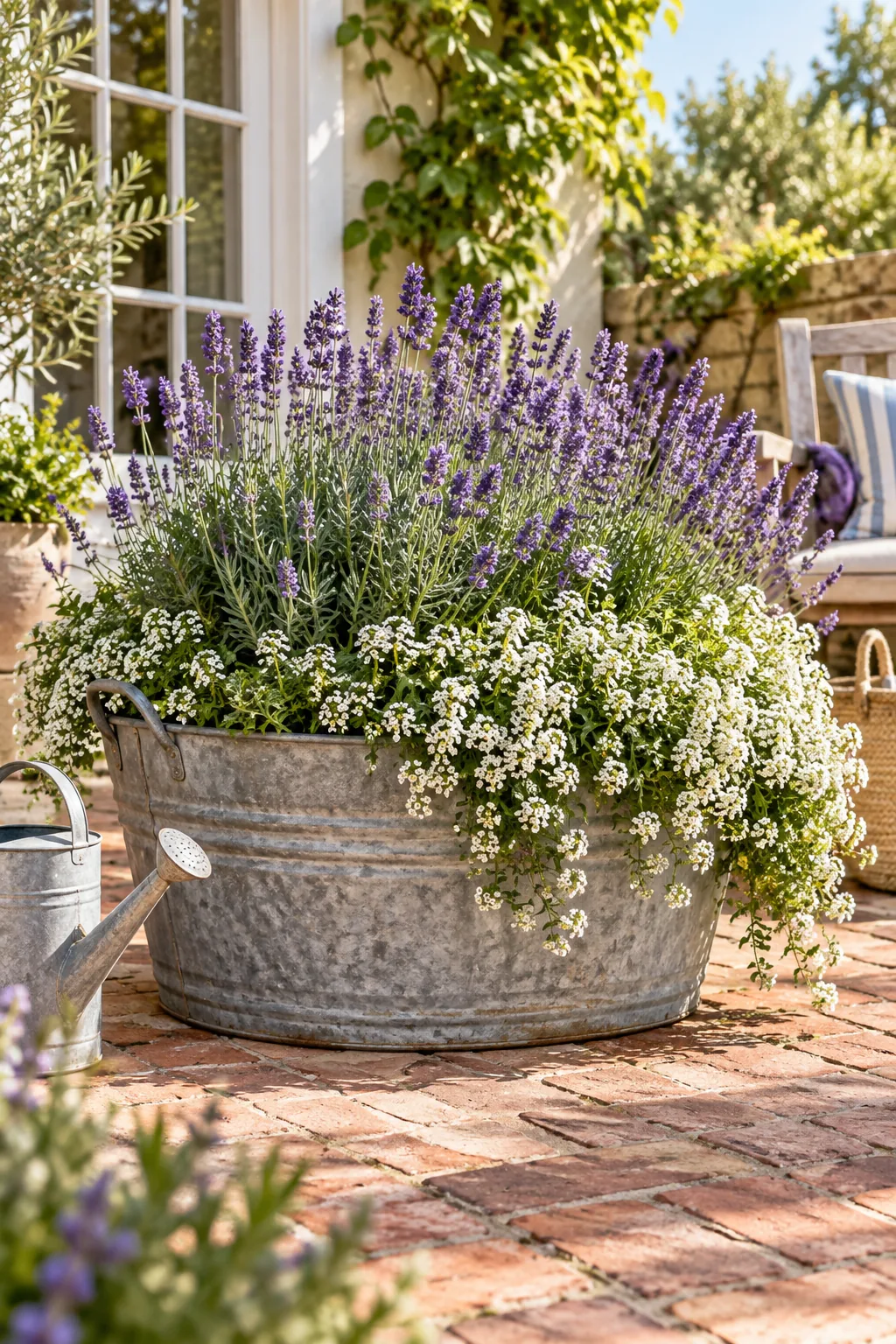 A galvanized metal tub filled with lavender and white alyssum on a brick patio.