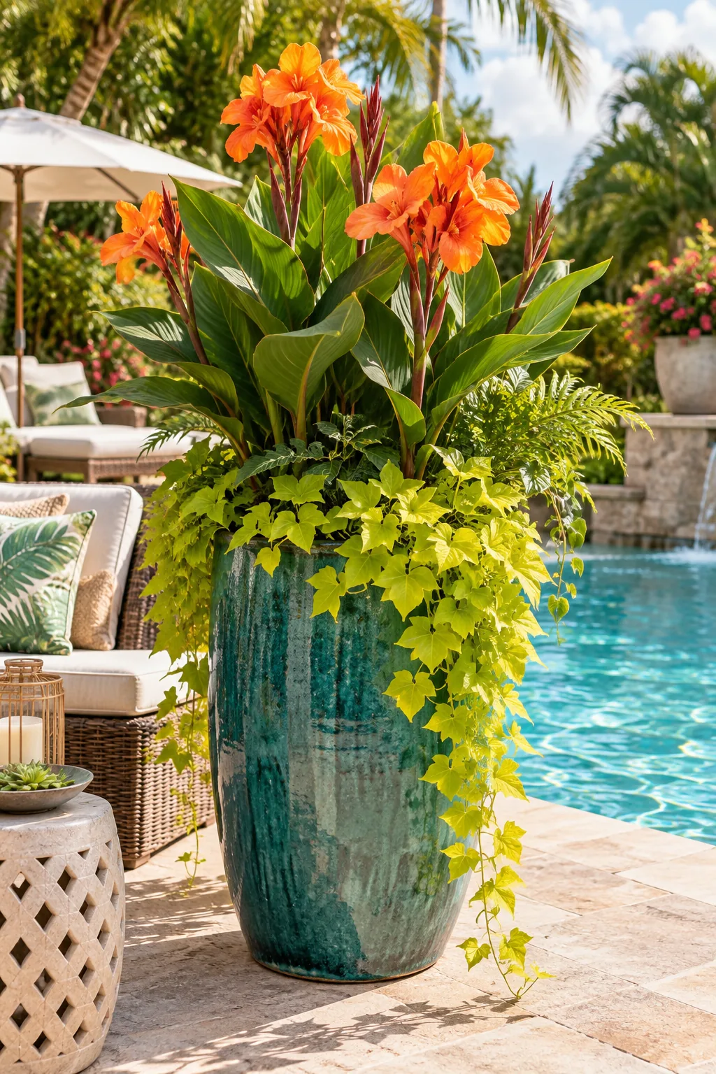 A tall teal ceramic pot with orange lilies and lime green vines by a pool.