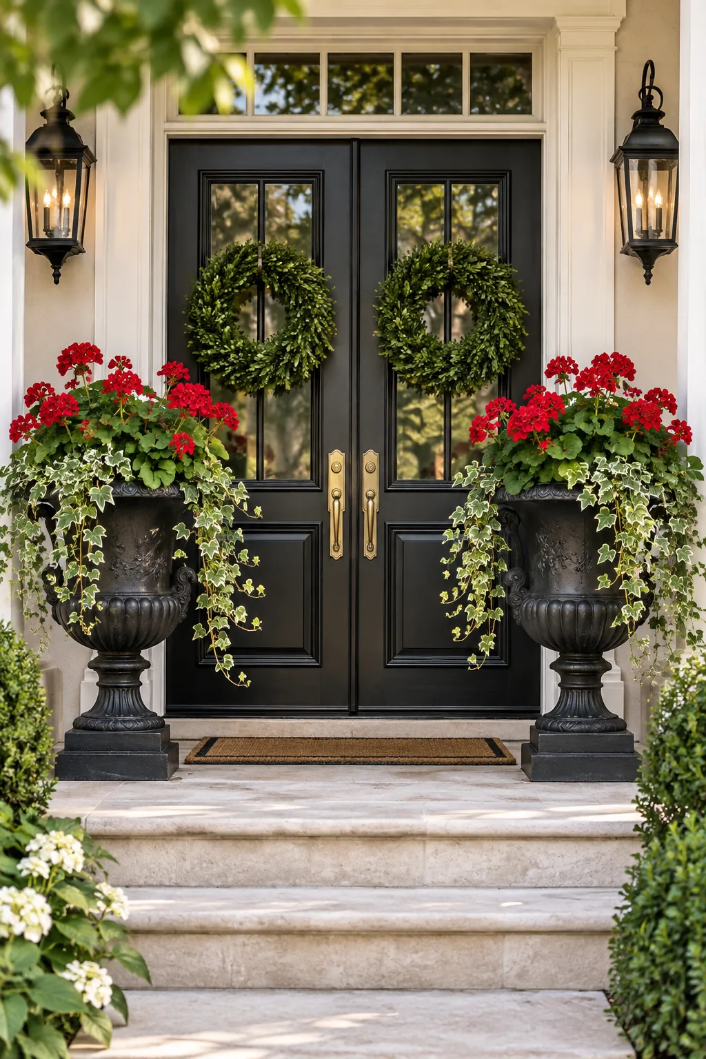 A black cast iron urn with red geraniums and english ivy by a front door.