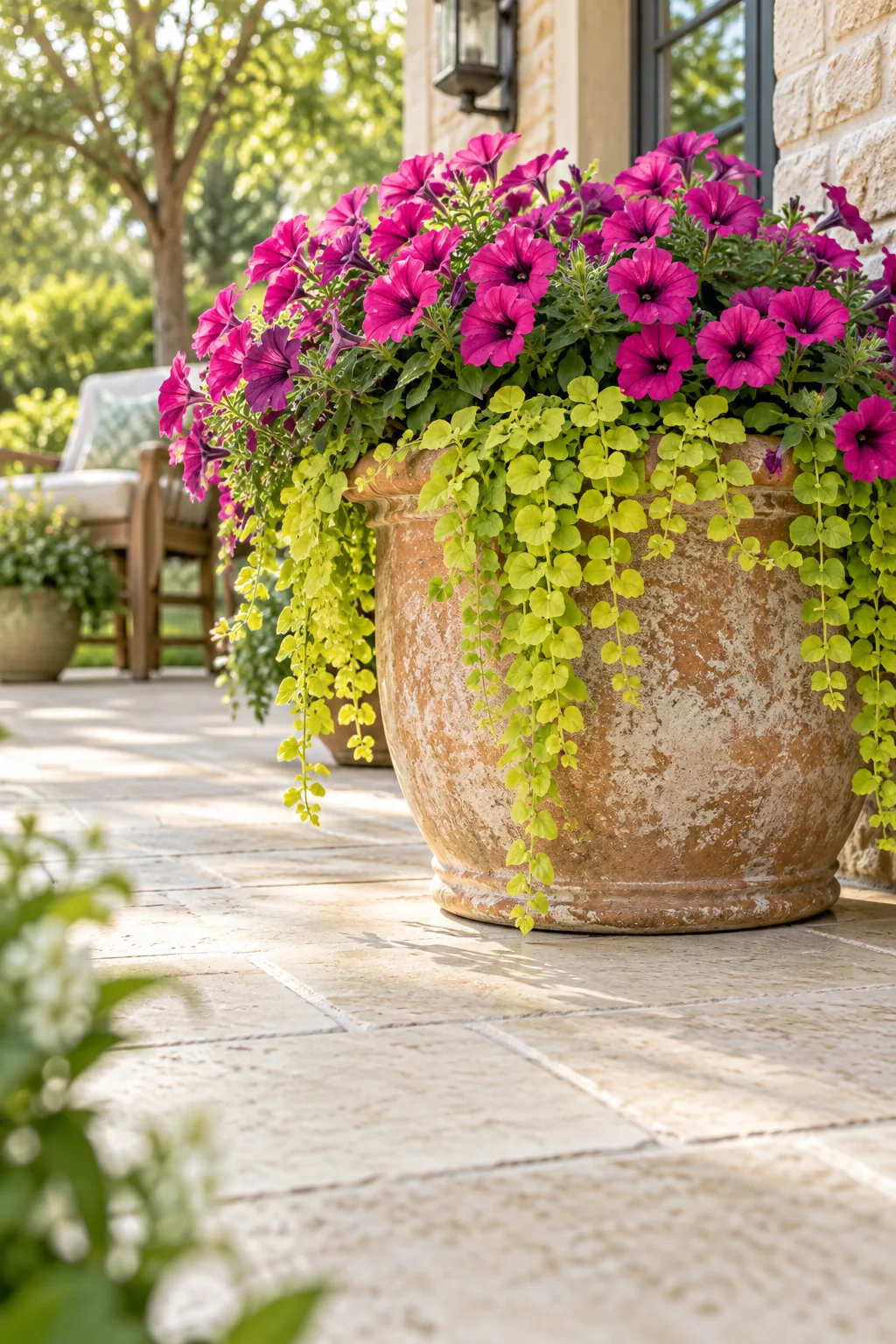 The base of a large terracotta planter sitting on a clean limestone patio with no soil stains.
