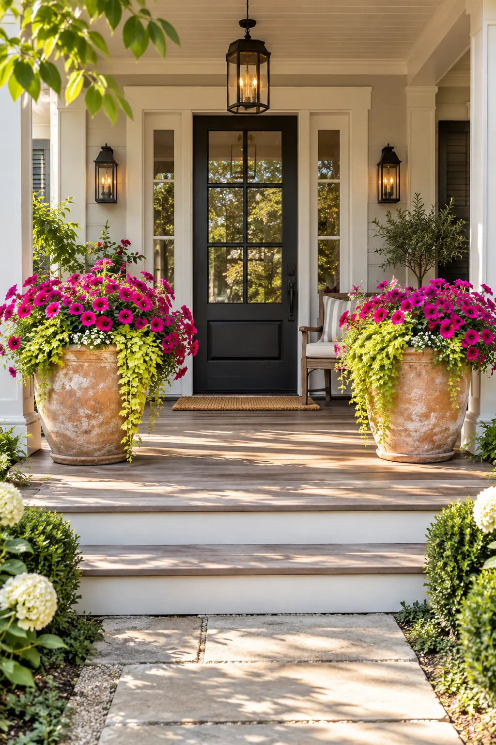 Two large terracotta planters with bright pink flowers framing a wooden front porch.