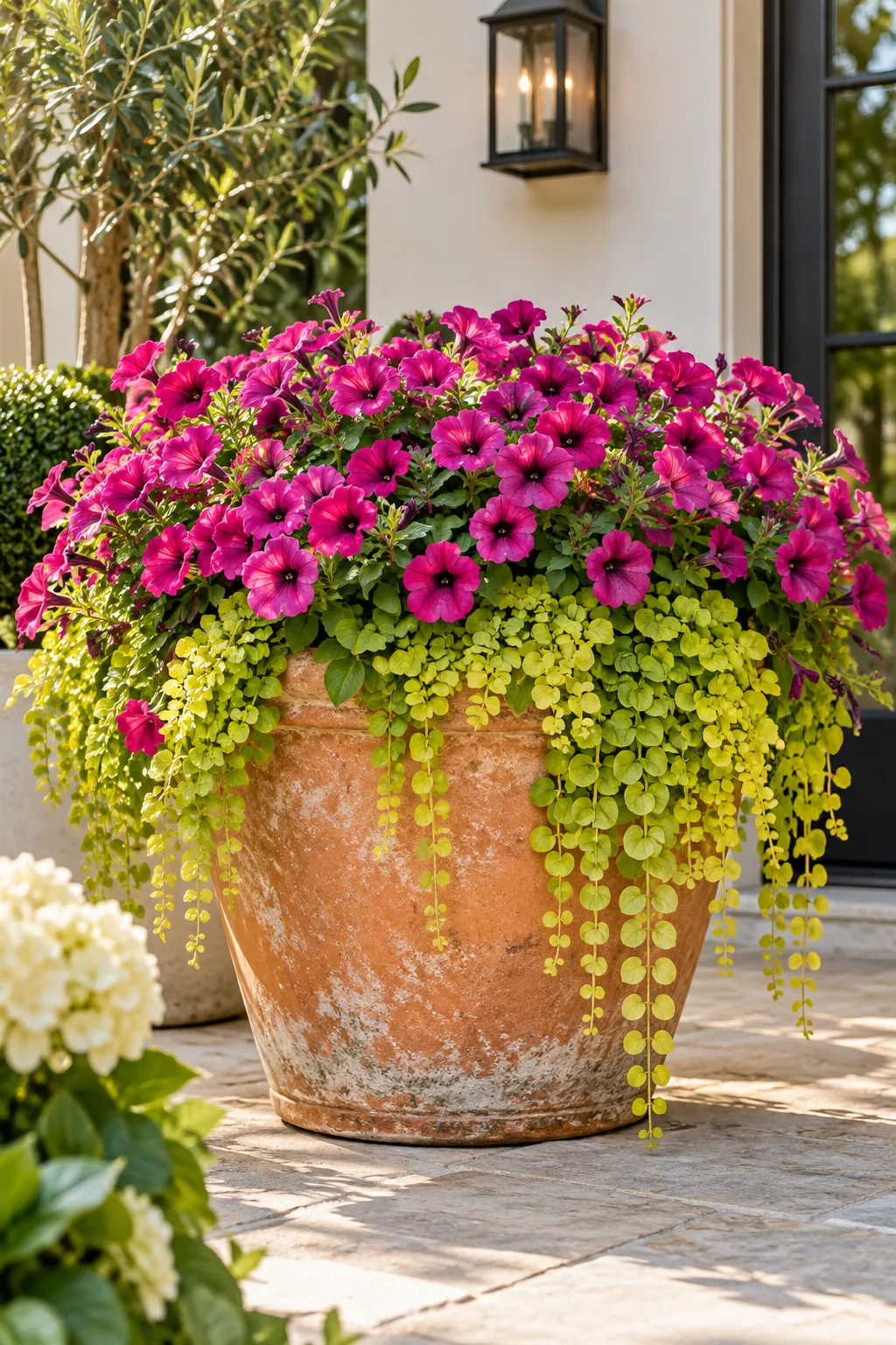 Close-up of bright green trailing vines spilling over the edge of a weathered terracotta pot.