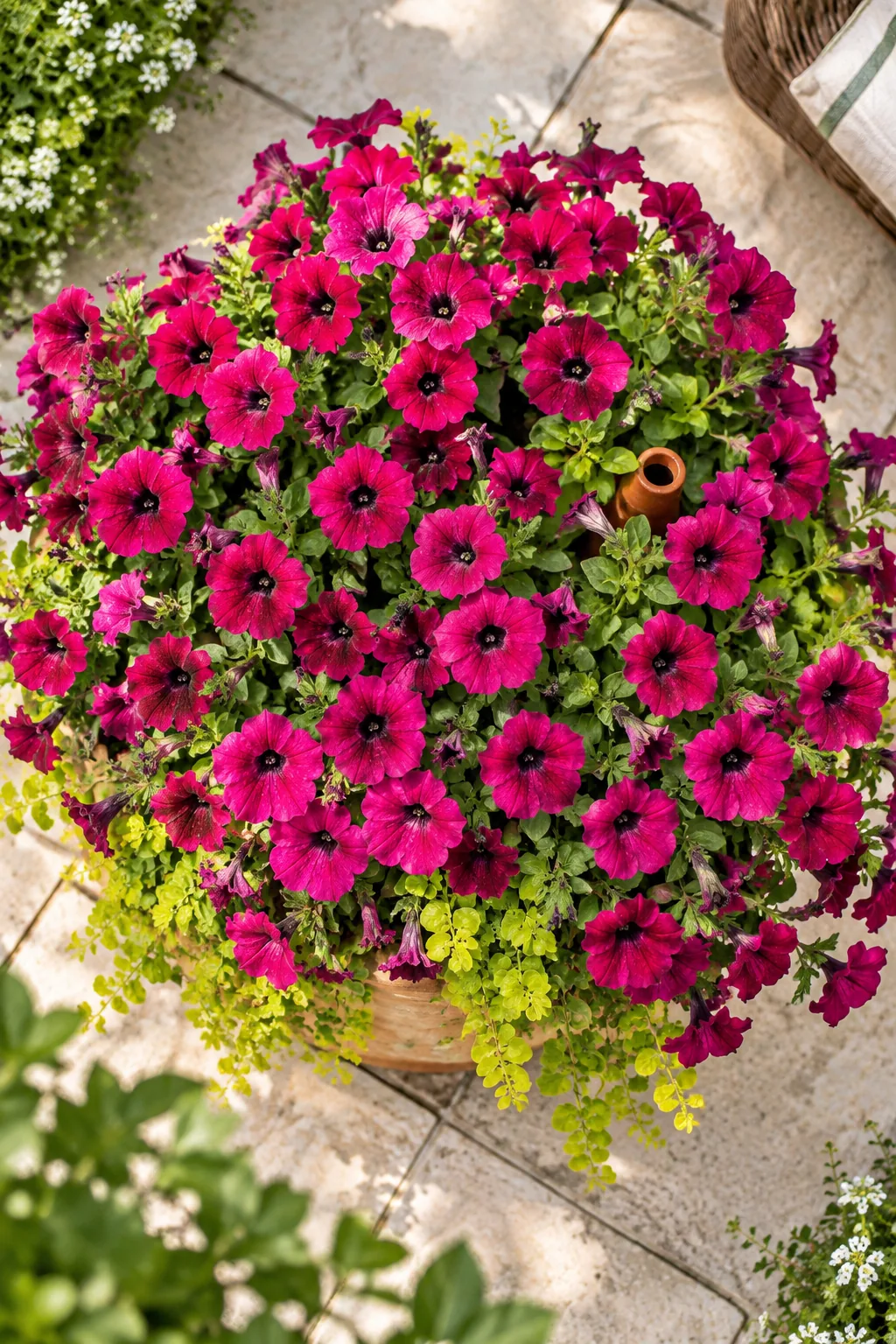 Overhead view of dense pink flowers with a small terracotta tube hidden among the leaves.