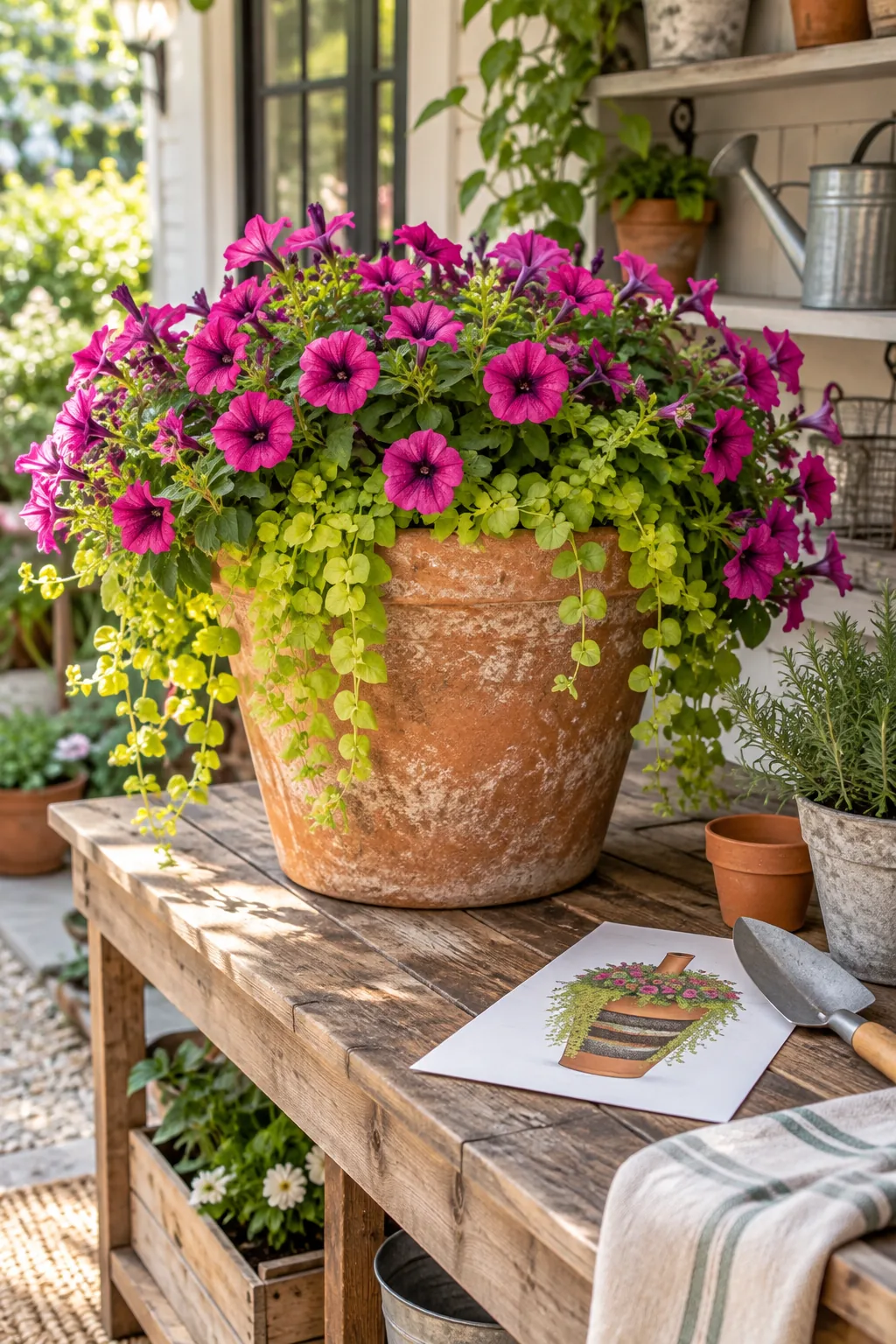 A blooming terracotta planter on a potting bench next to a printed garden guide and a trowel.