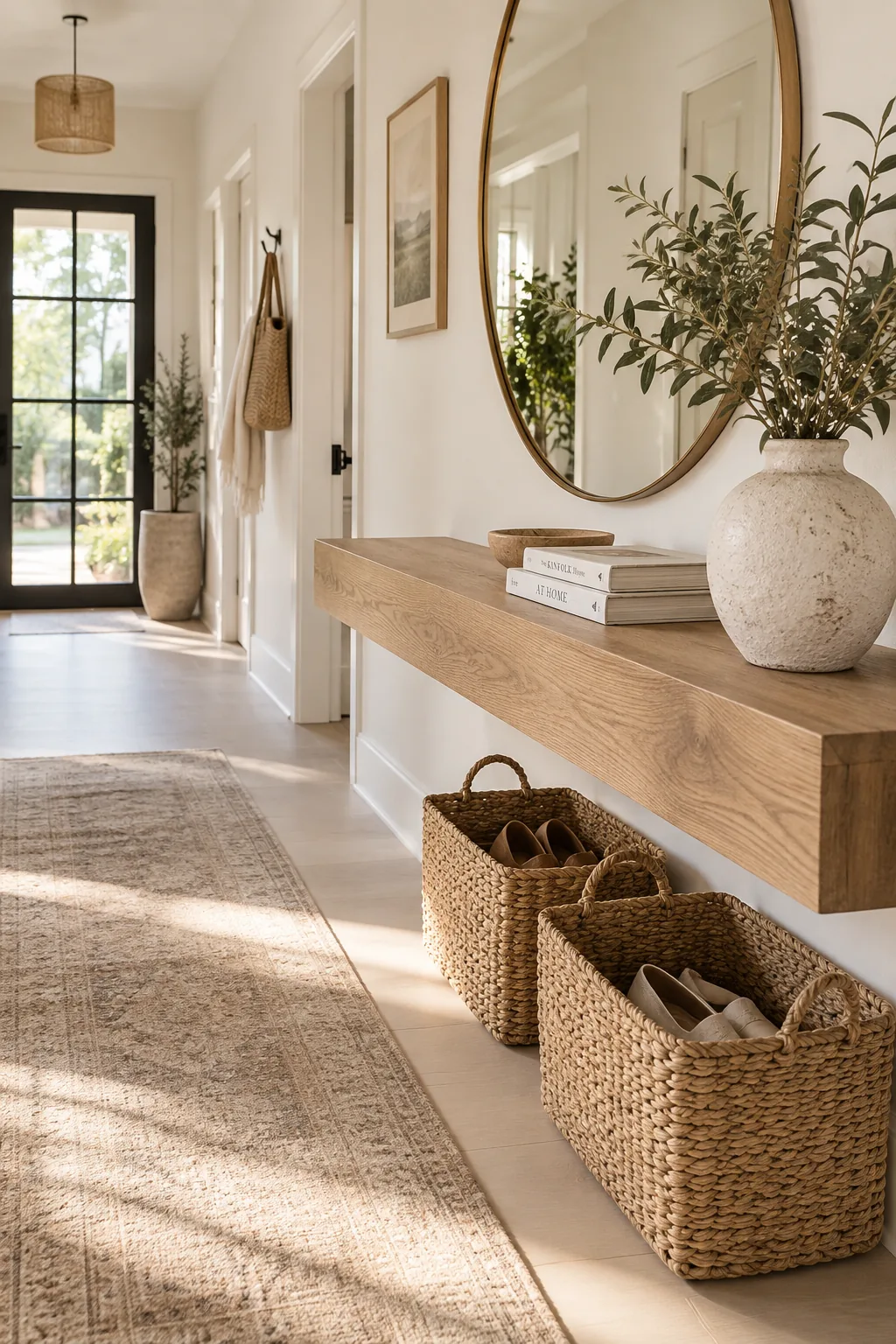 A narrow hallway with a sleek wooden floating shelf attached to the wall.