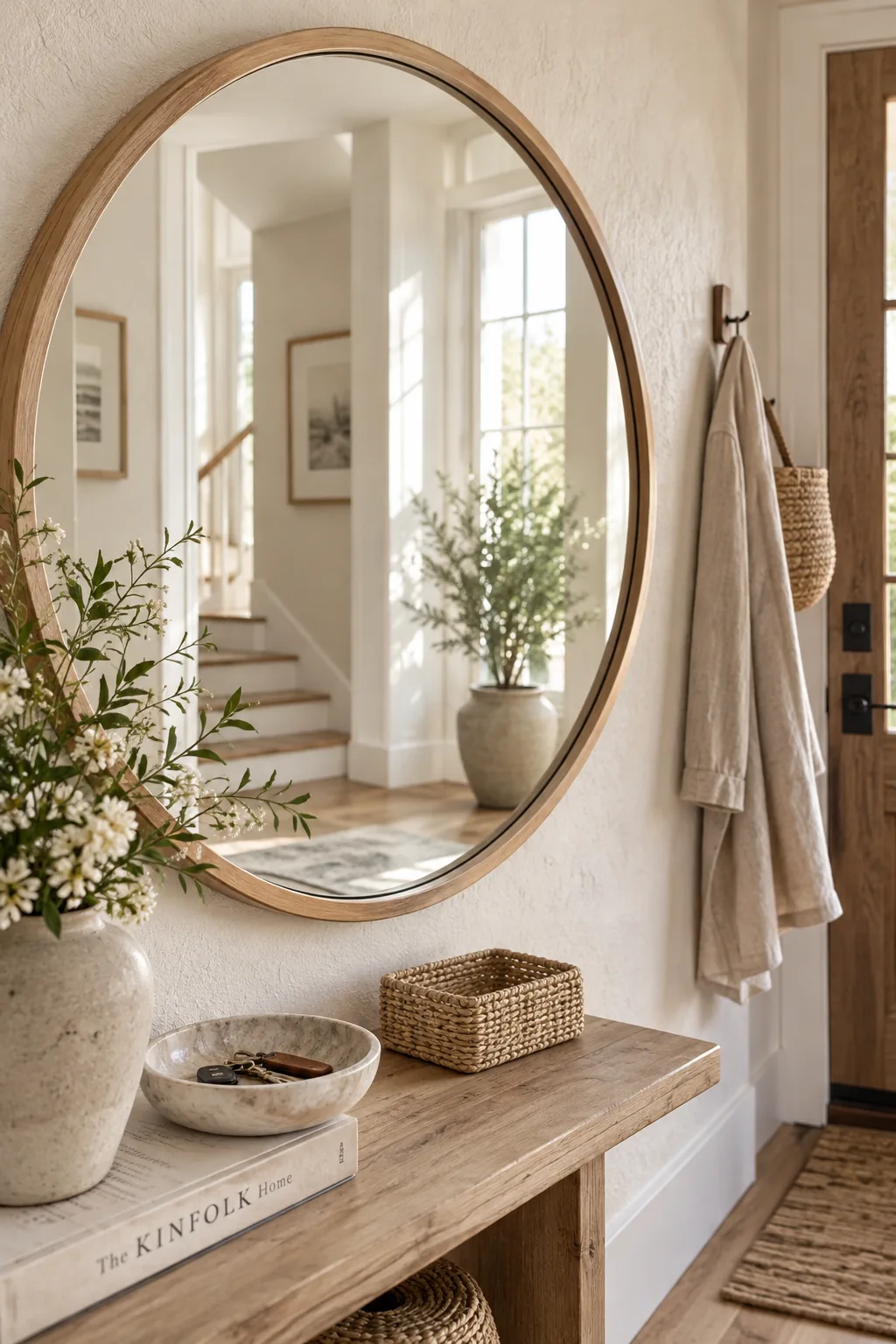 A large round mirror hanging above a wooden entryway table.