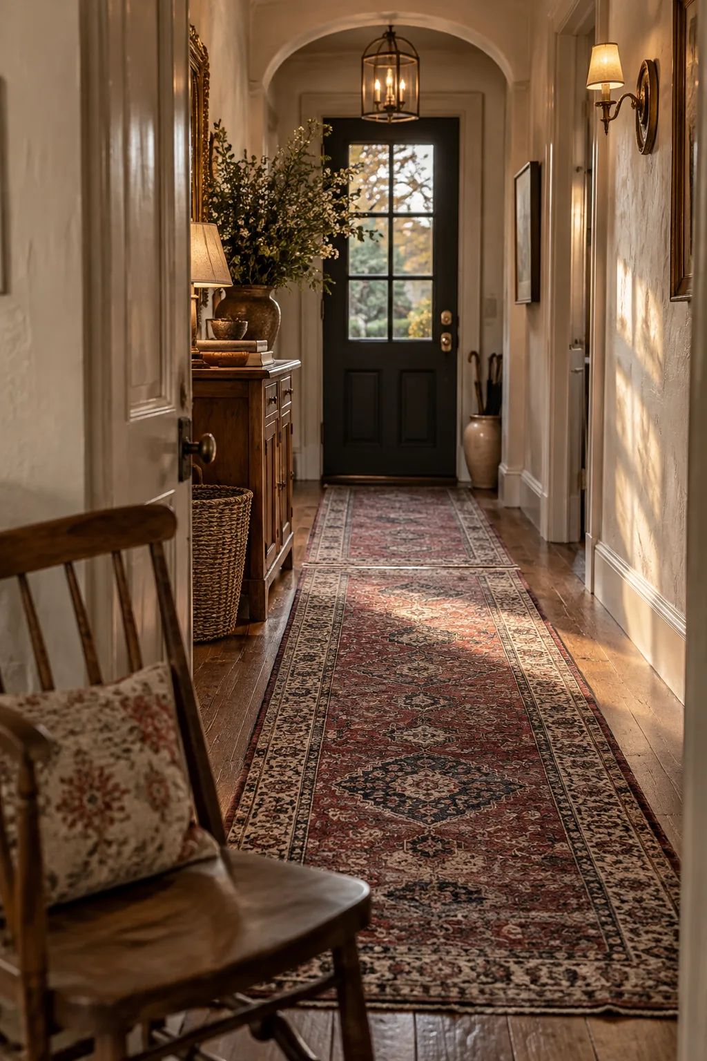 A long vintage patterned rug running down a hardwood hallway.