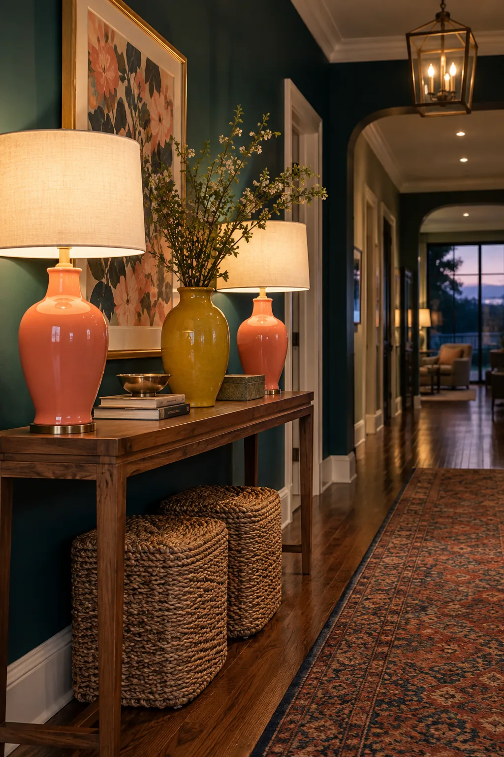 Two matching table lamps sitting on opposite ends of a console table.