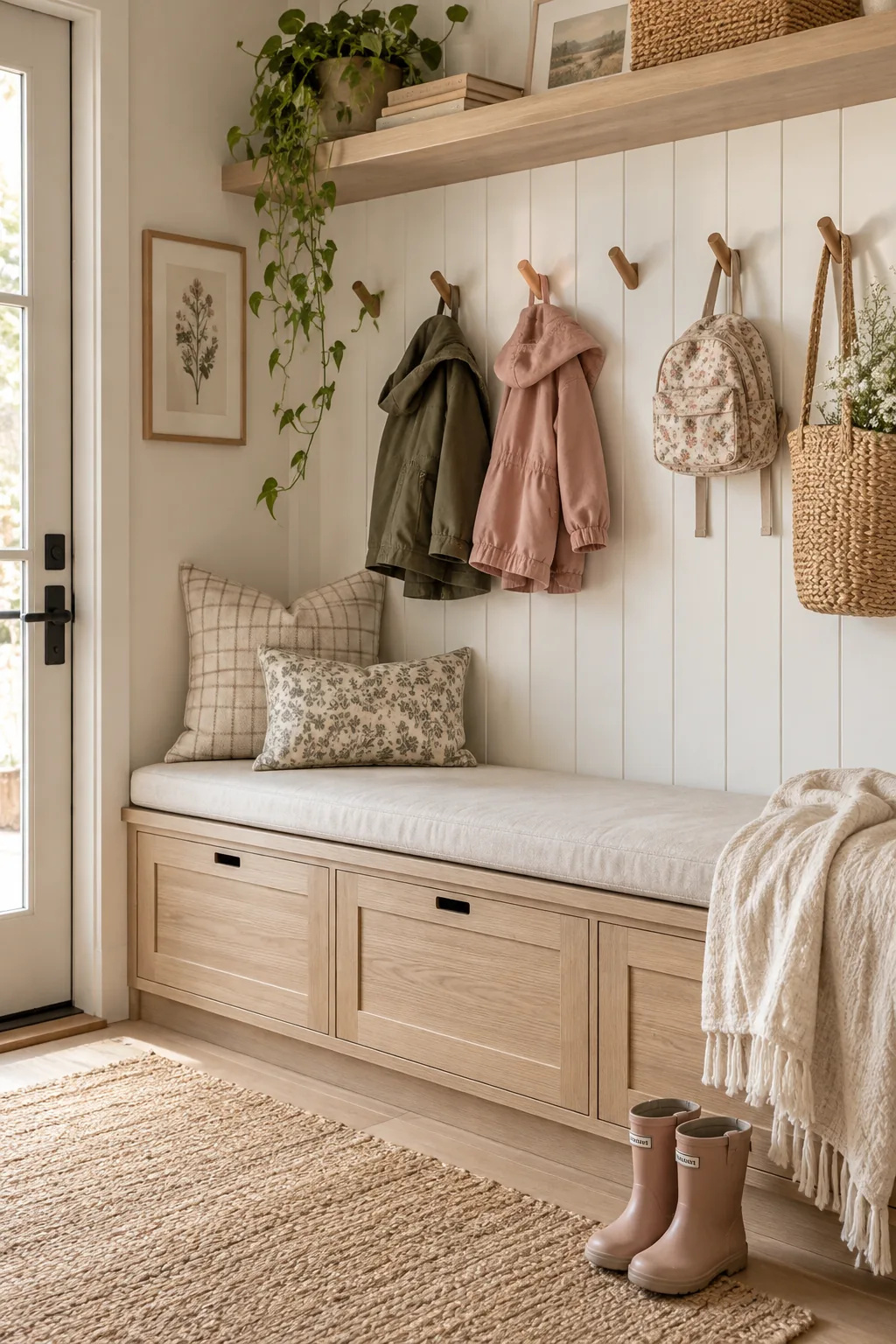A built-in mudroom bench with drawers below and hooks above on a shiplap wall.