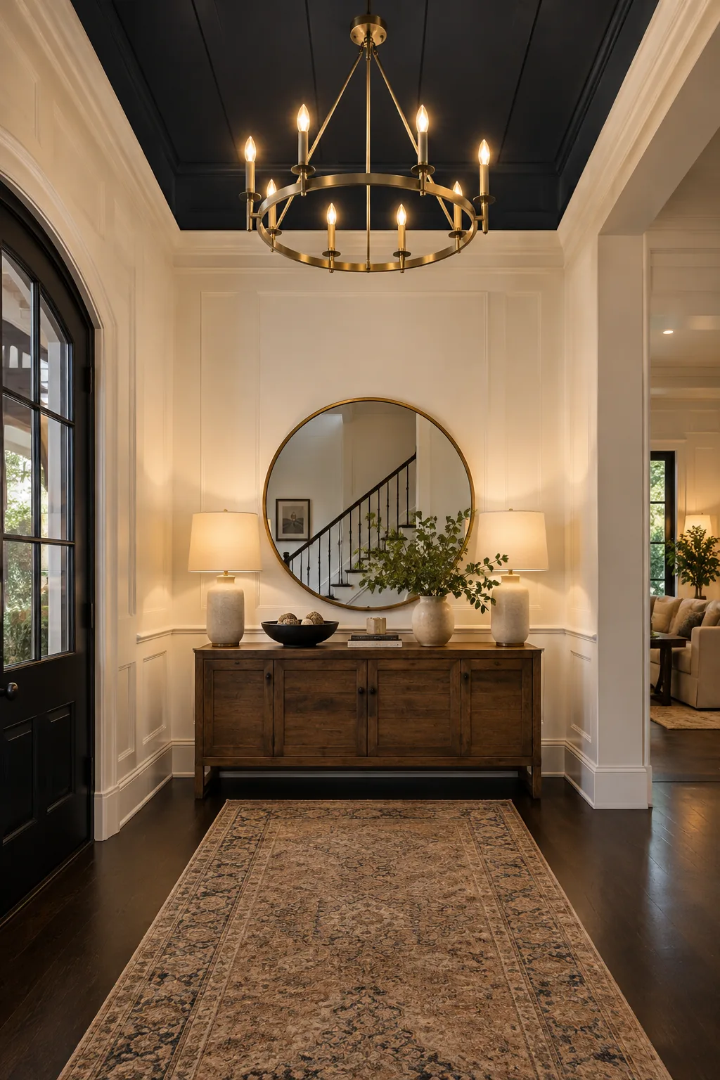 A foyer looking up at a ceiling painted in a dark charcoal color with a chandelier.