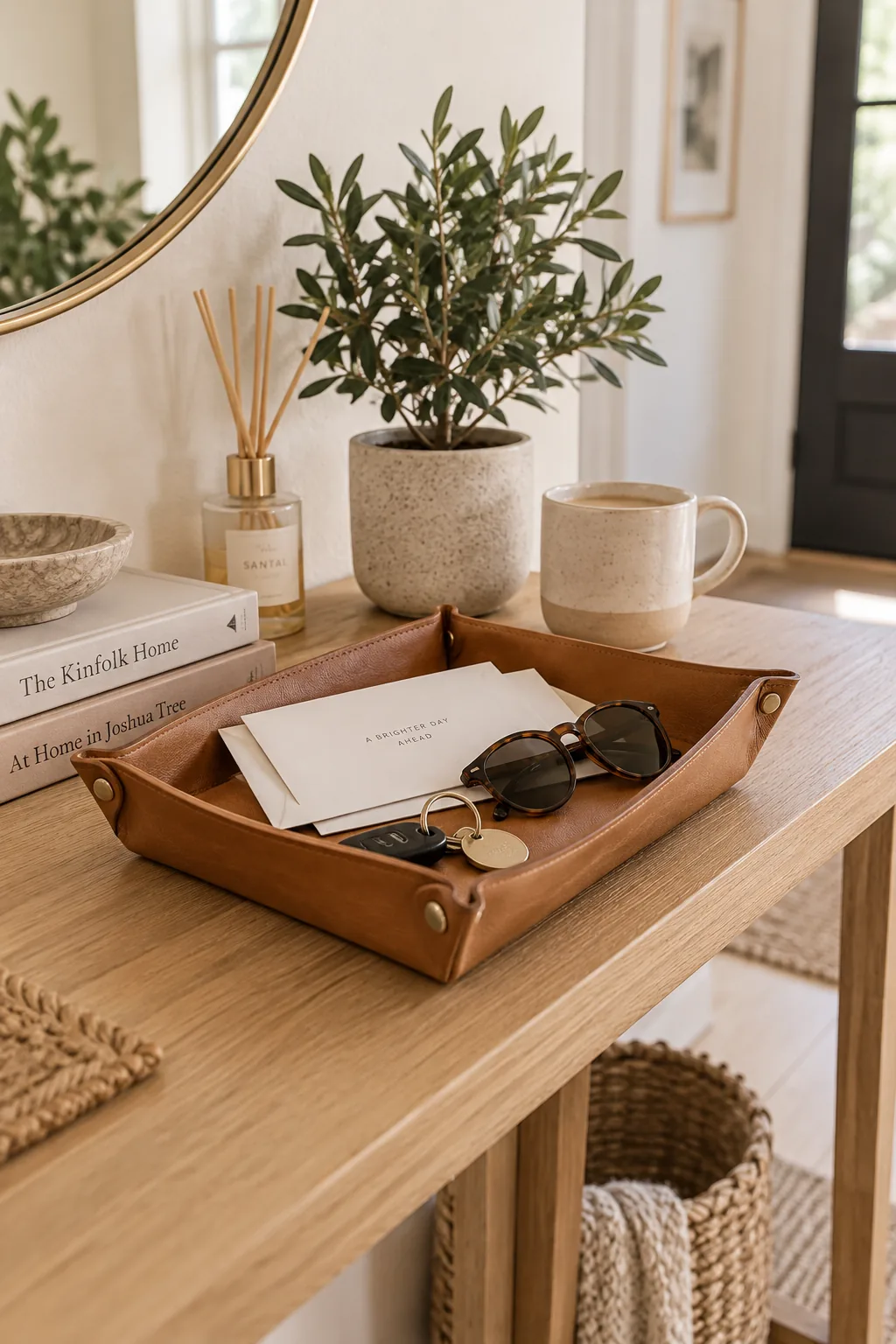 A small leather tray on a table holding sunglasses and keys.