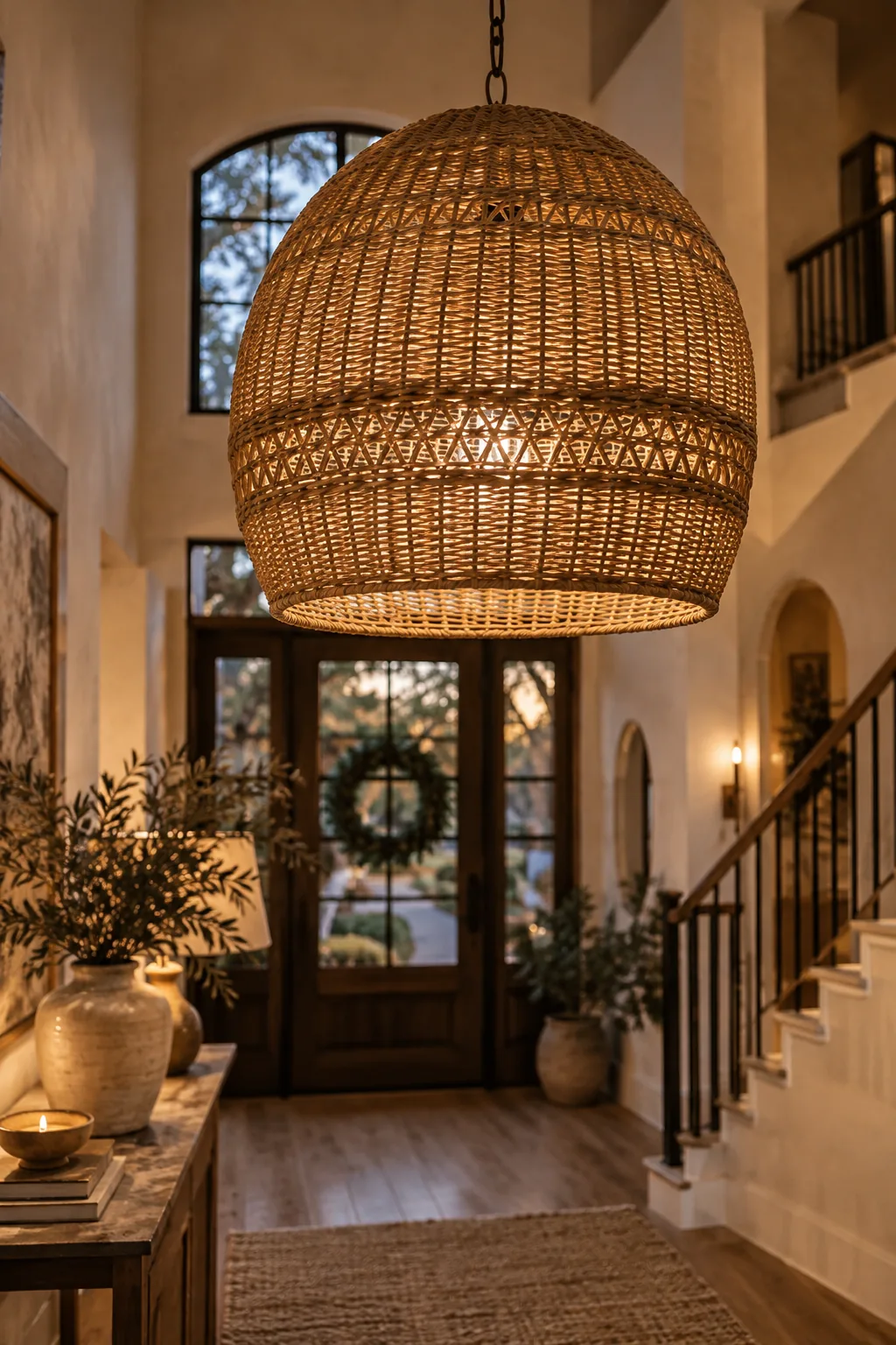 A large woven pendant light hanging from a foyer ceiling.
