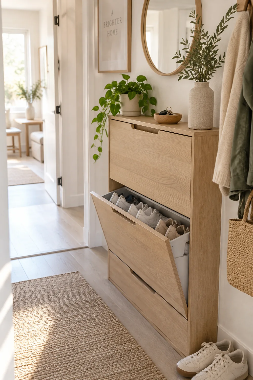 A slim white shoe cabinet with tilting drawers against a hallway wall.