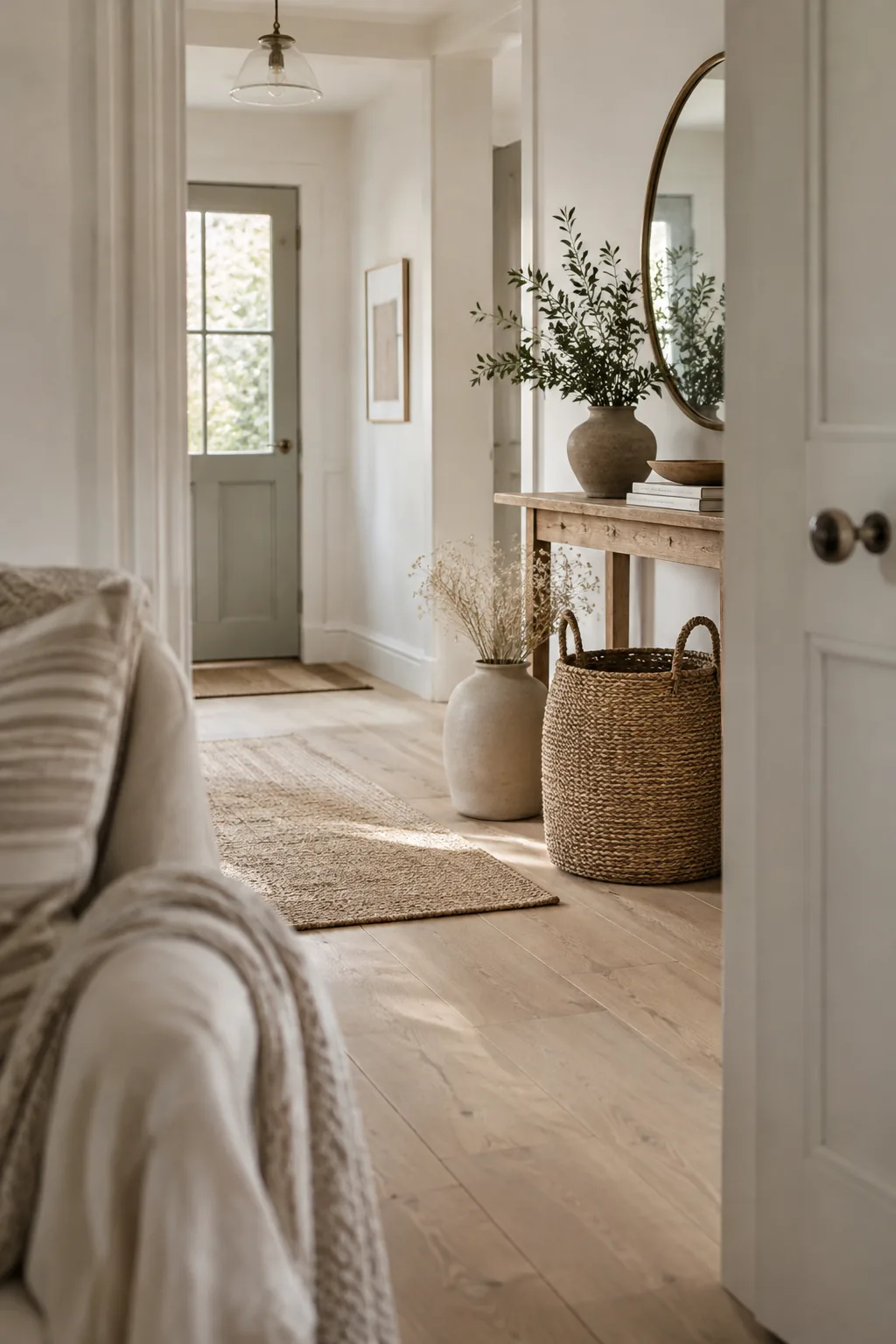 A large woven seagrass basket sitting next to a smooth ceramic vase on the floor.
