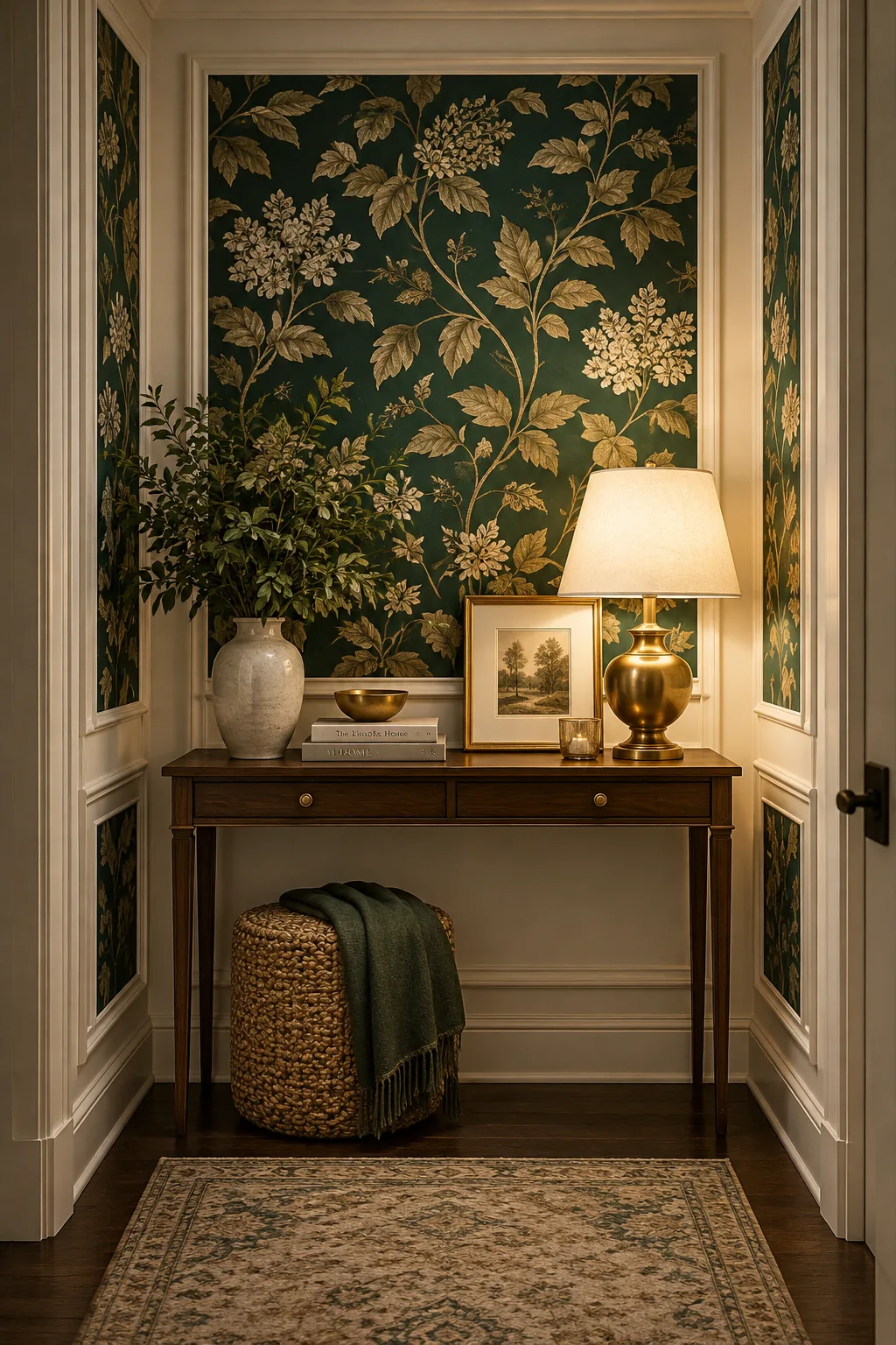 Sections of bold floral wallpaper framed by white picture molding on a wall.