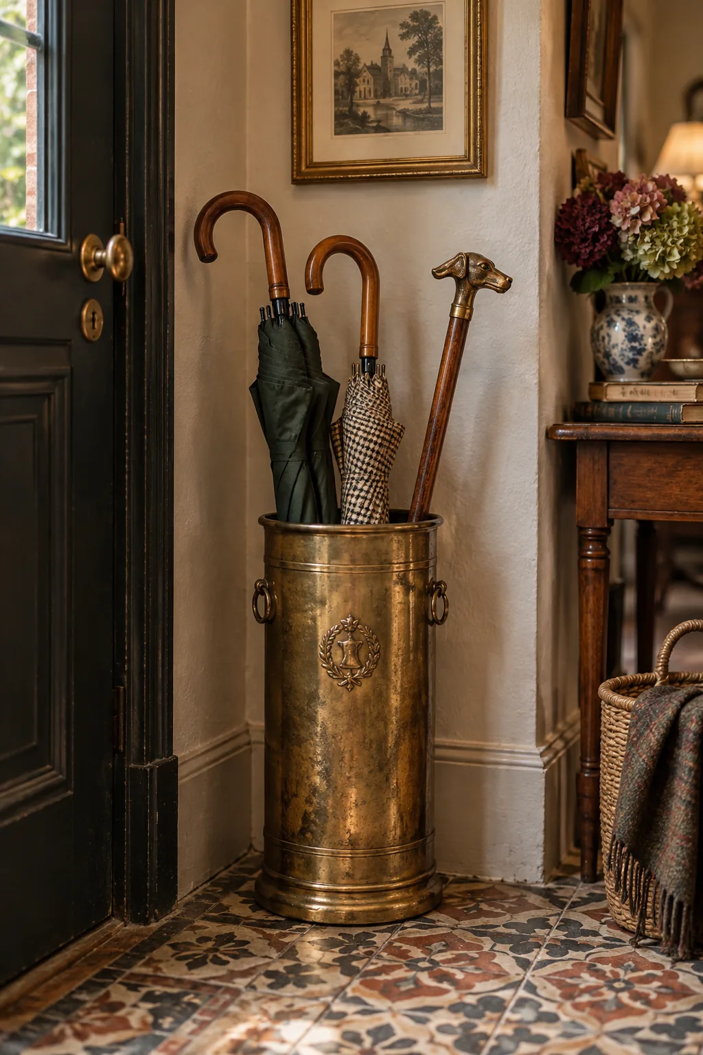 A vintage brass umbrella stand tucked into the corner of an entryway.
