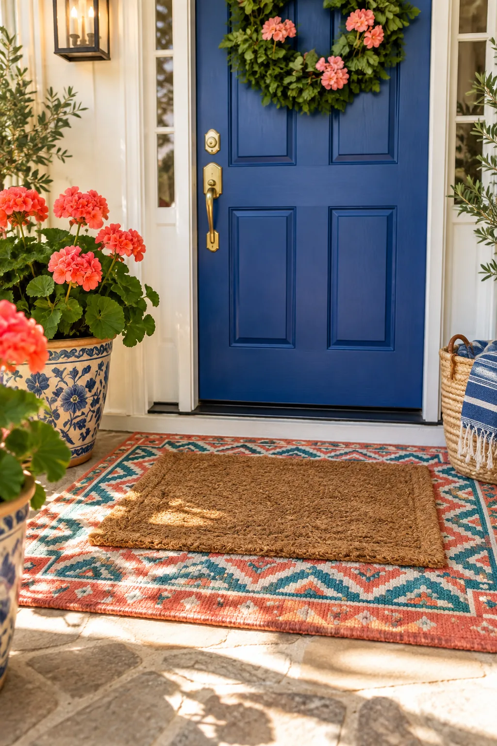 A small coir welcome mat layered on top of a larger black and white patterned outdoor rug.