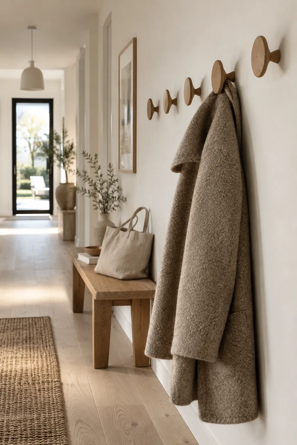 Simple wooden pegs installed in a row on a white hallway wall holding a single coat.
