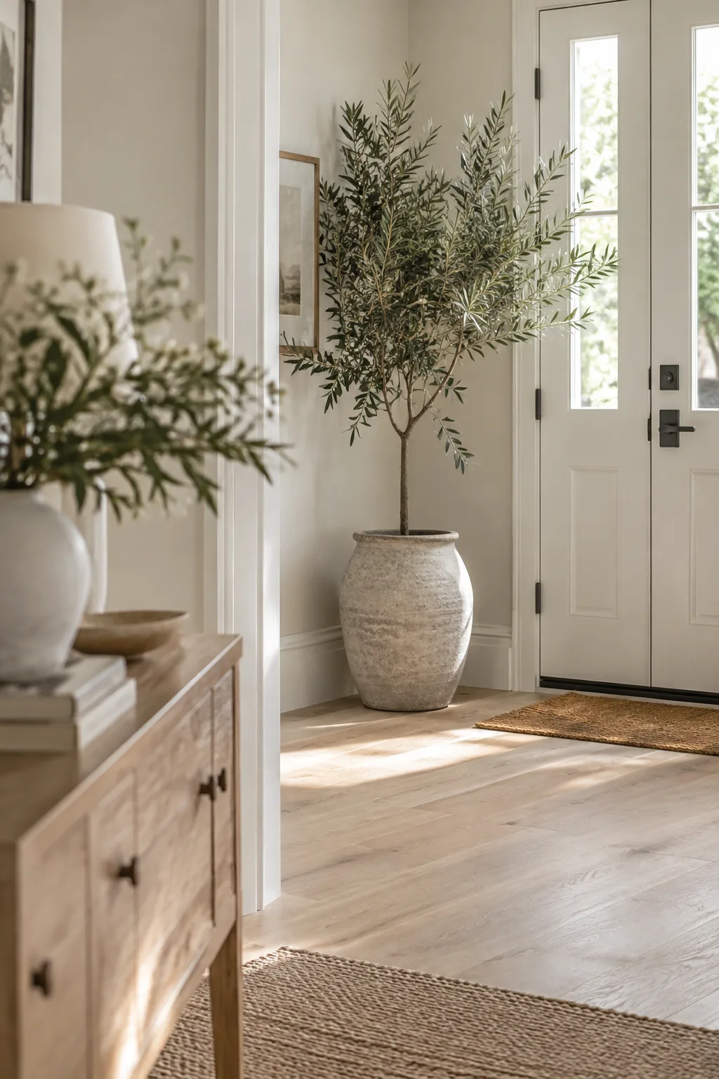 A tall potted olive tree standing in the corner of a bright foyer.