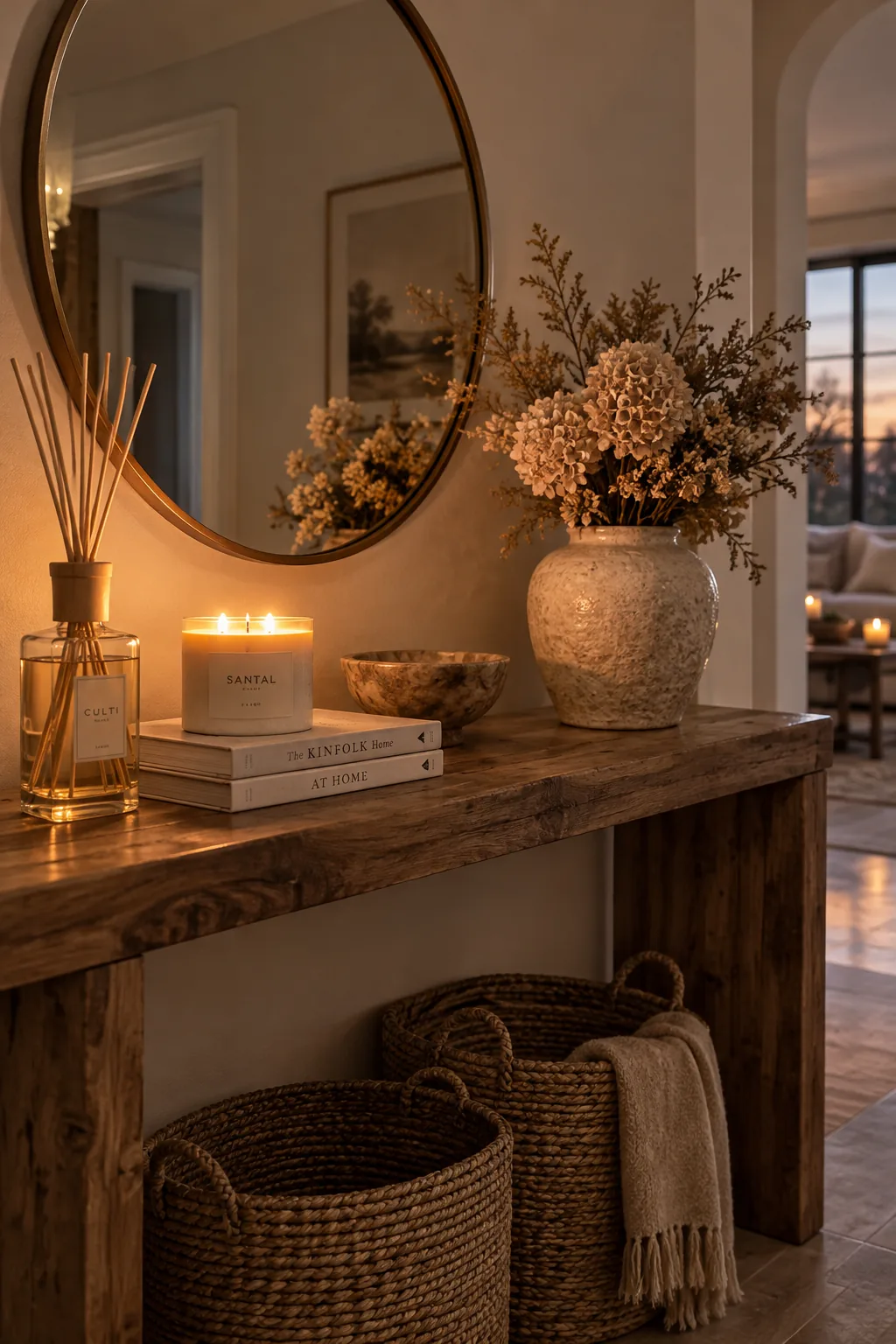 A glass reed diffuser sitting on a wooden console table next to a small dish.