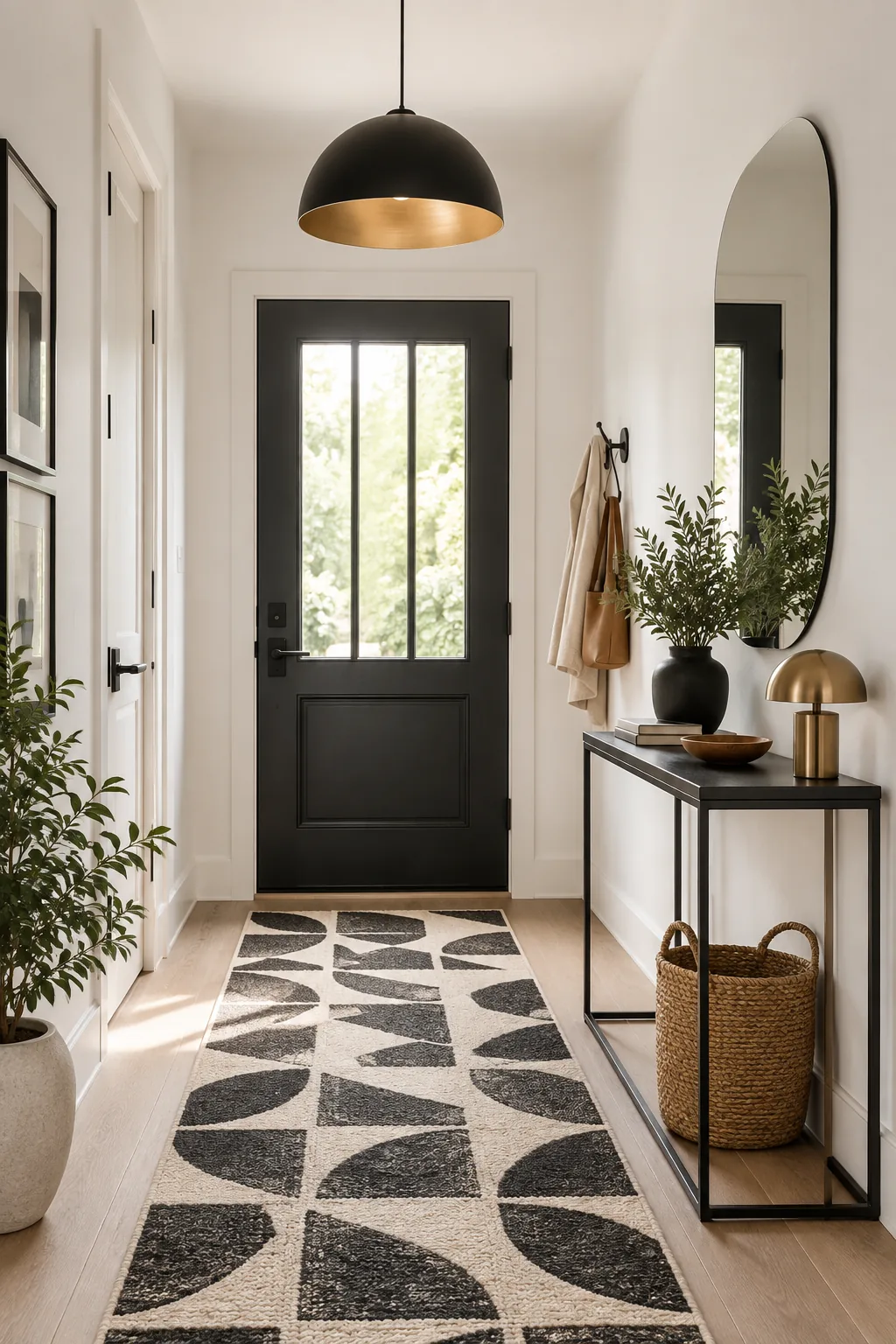 Modern minimalist entryway with a black metal console table and a frameless pill-shaped mirror.
