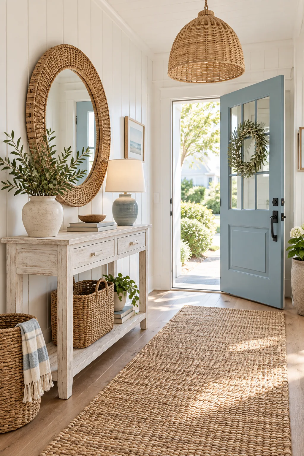 Coastal cottage entryway with a whitewashed wood table, rattan mirror, and a soft blue door.