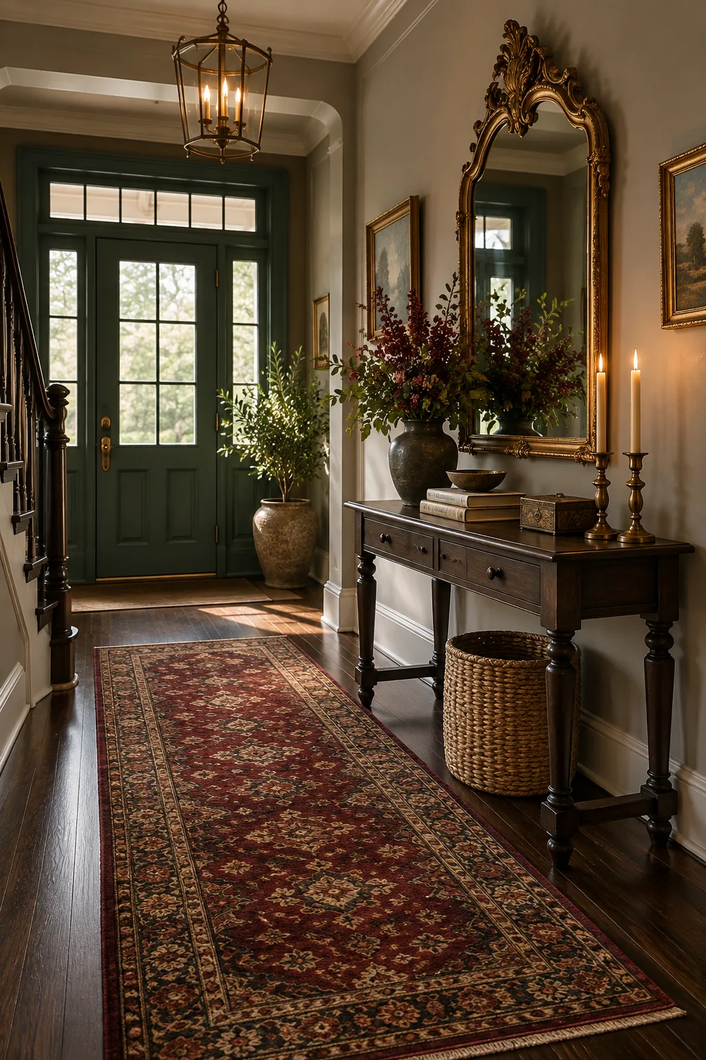 Moody traditional foyer with a dark walnut table, ornate brass mirror, and a crimson vintage runner.