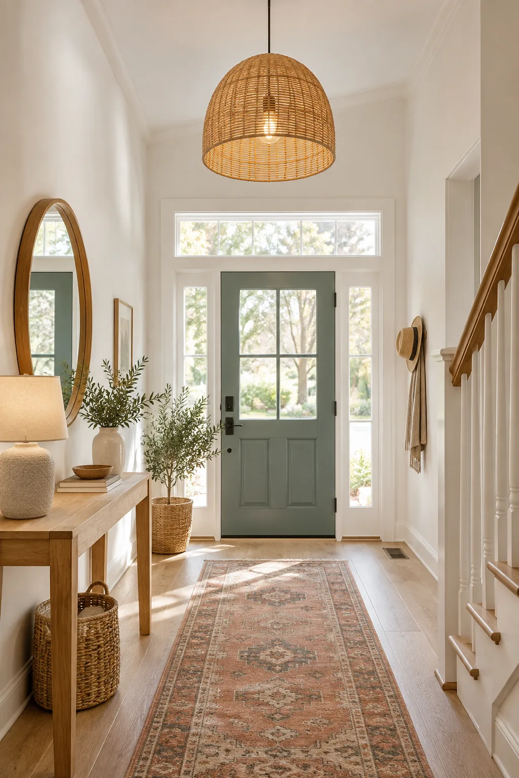 Woven dome pendant light hanging from a white ceiling in a brightly lit entryway.