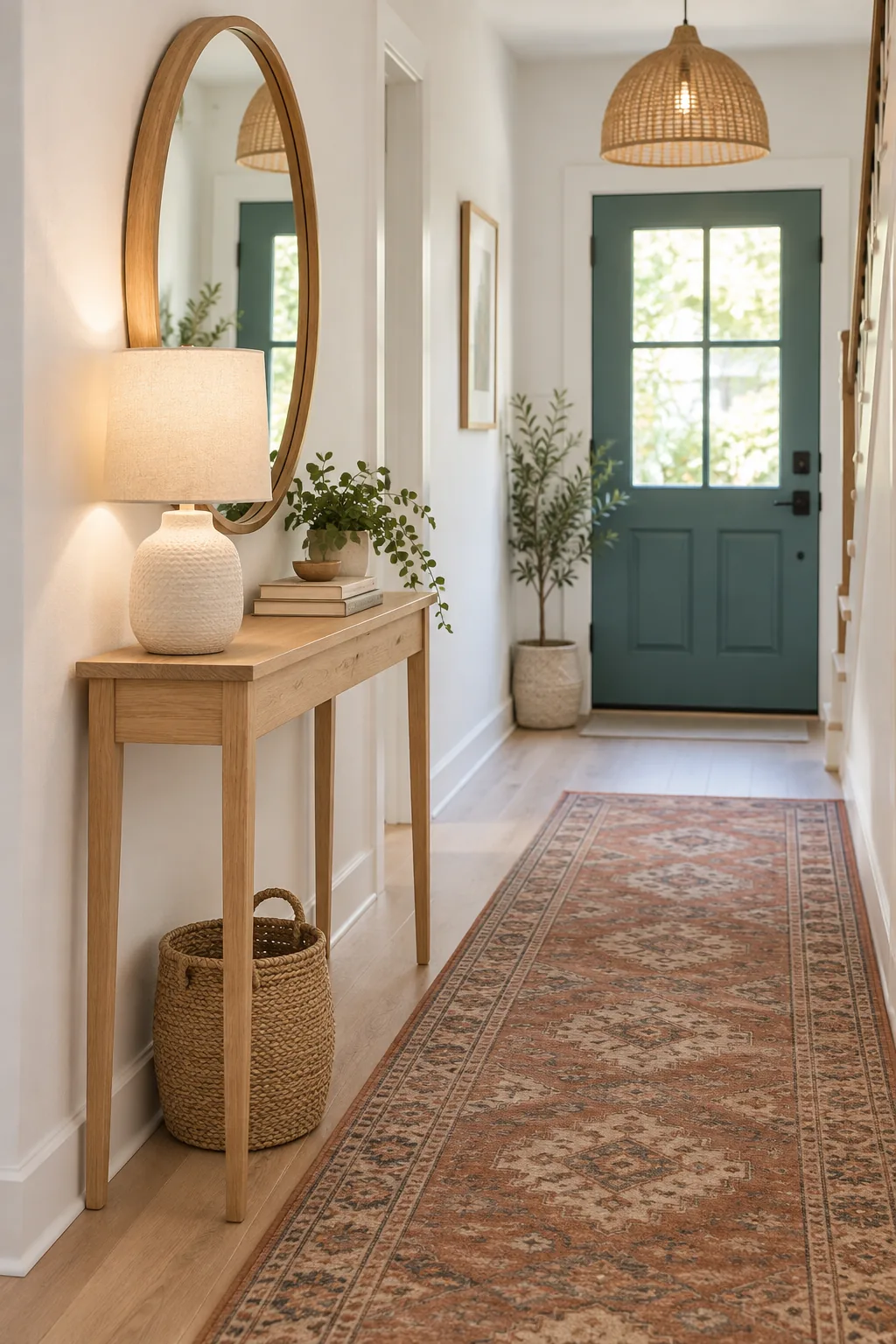 Side profile of a narrow light oak console table standing against a white hallway wall.
