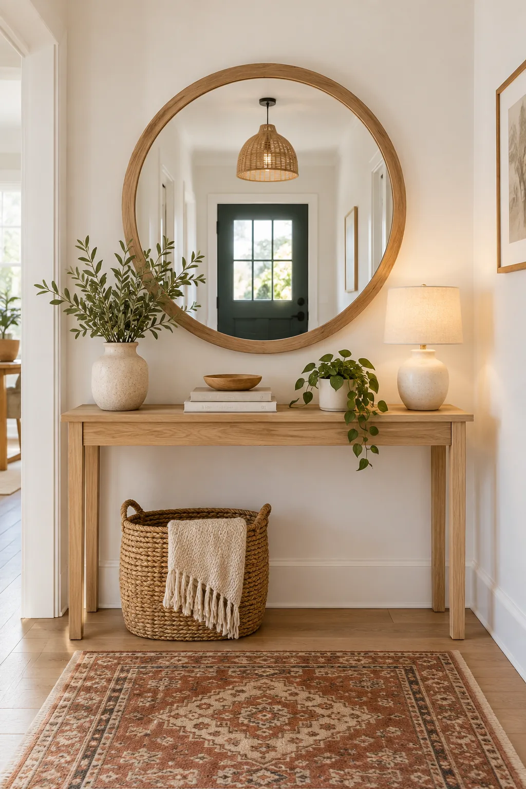 Round wood-framed mirror centered above a light oak console table in an entryway.