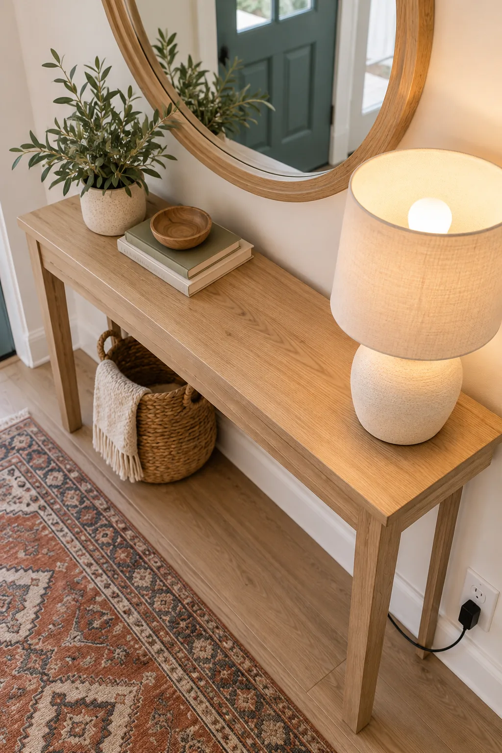 Small potted plant and stacked books sitting on an oak console table directly below a round mirror.