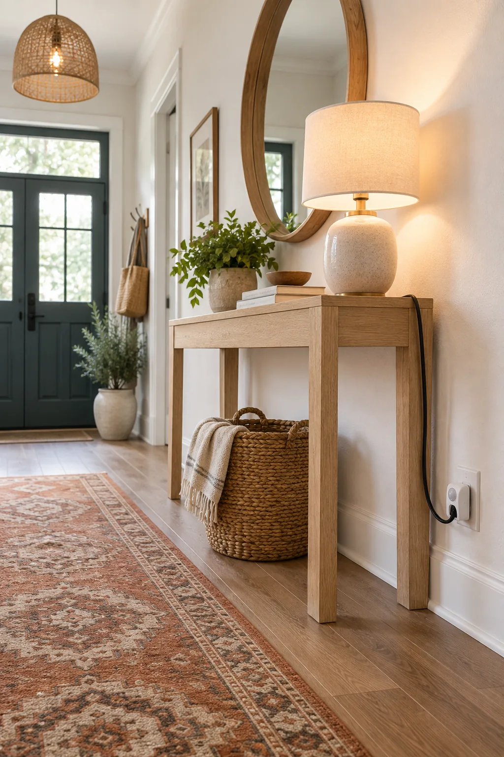Ceramic table lamp glowing on a console with its black cord trailing to a small sensor adapter in a baseboard outlet.