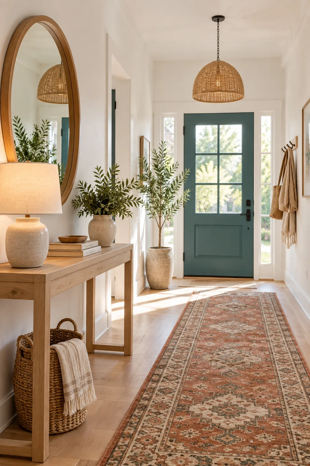 Finished entryway featuring a teal door, an oak console, a round mirror, and a patterned terracotta runner.