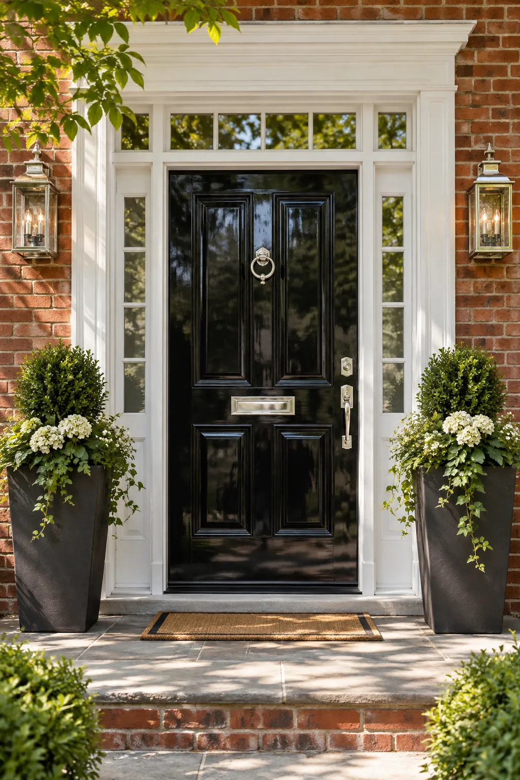 A high-gloss black front door with polished nickel hardware on a red brick home.