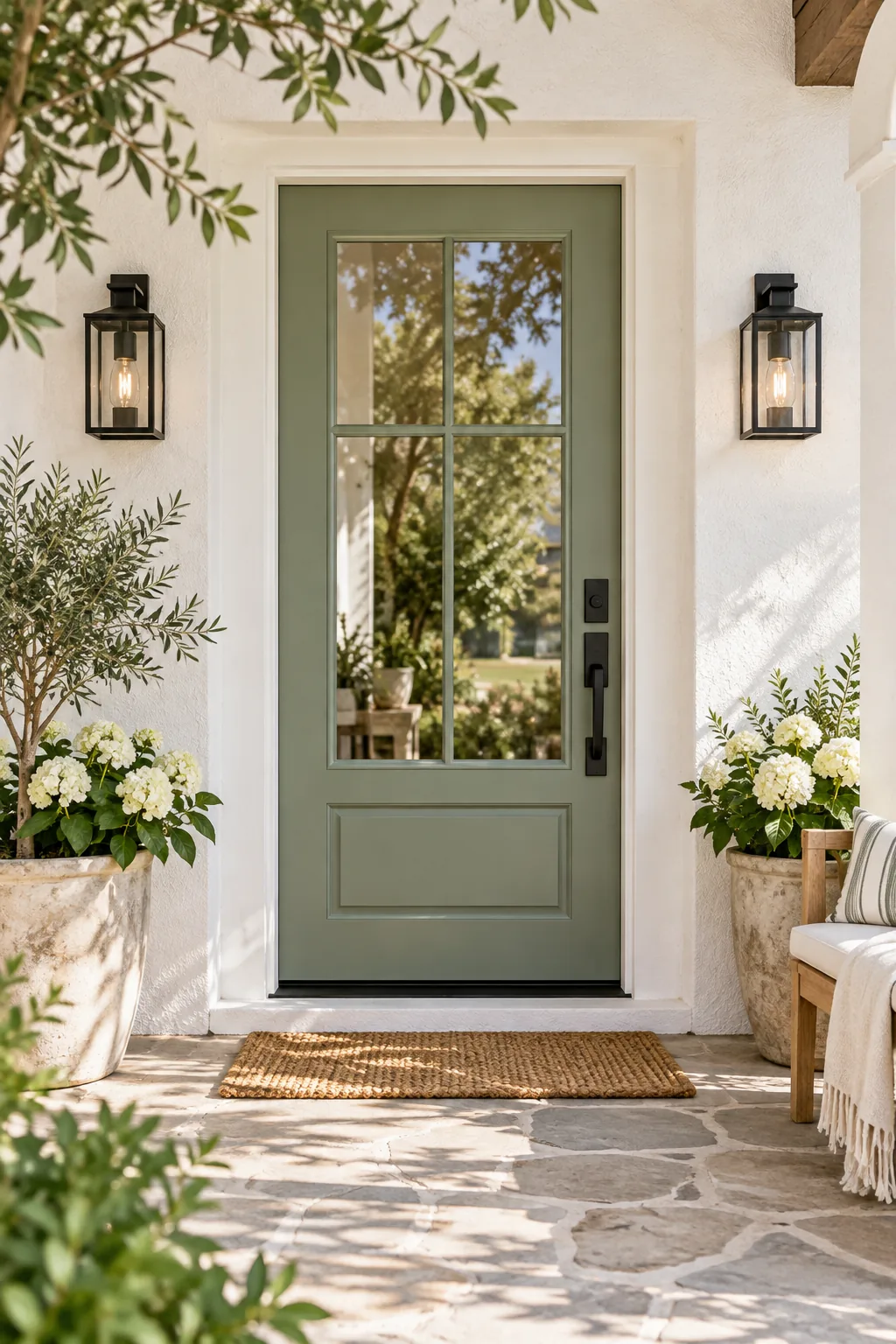A soft sage green front door with matte black hardware on a white stucco home.