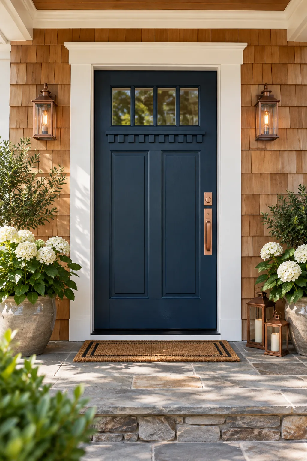 A deep navy blue craftsman front door with brushed copper hardware against cedar siding.