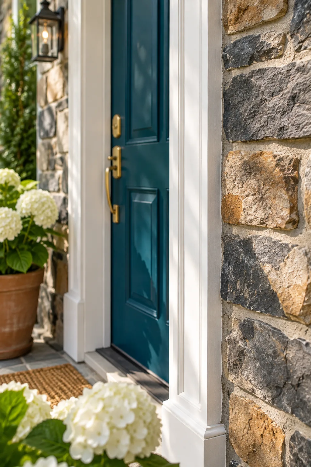 A welcoming front porch featuring a teal door, natural stone facade, and white hydrangeas in terracotta planters.
