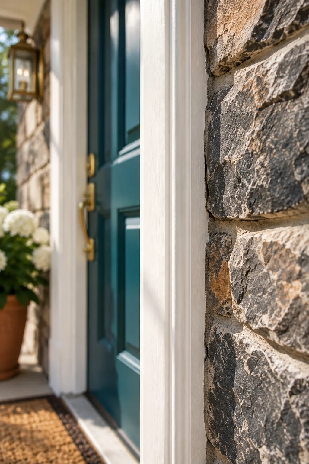 Close-up of textured exterior stone with dark charcoal flecks next to white door trim.