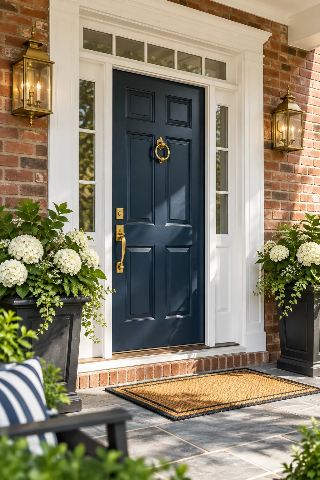 Bright sunlight illuminating the vibrant teal paint on a raised-panel front door.