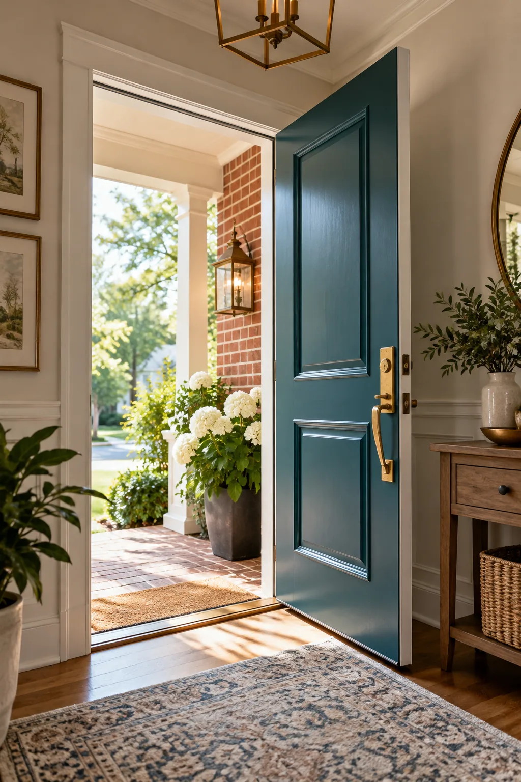 A bold navy blue front door contrasting beautifully with a classic red brick exterior.