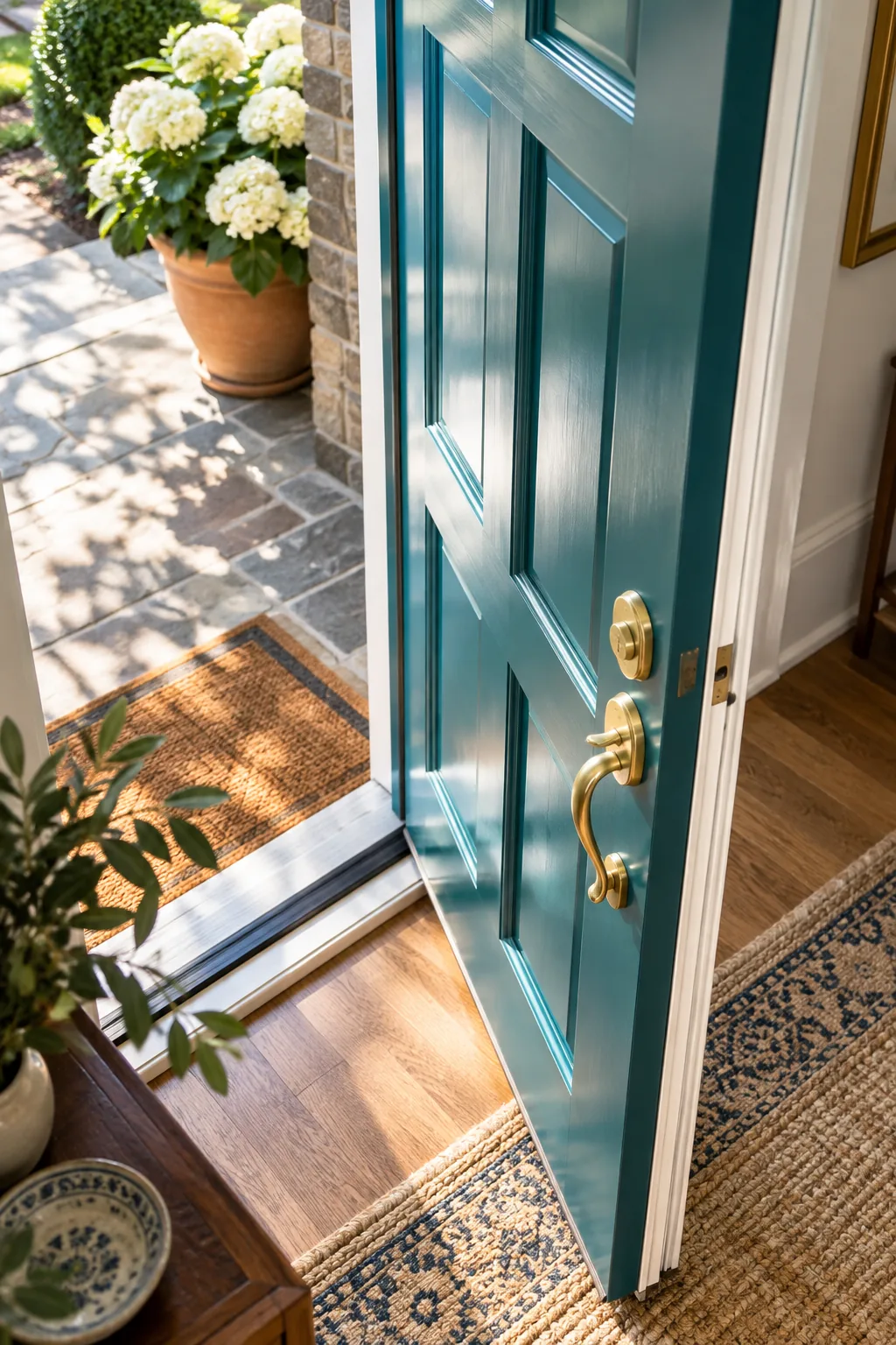 The crisp painted edge of an open teal door against a white door jamb.