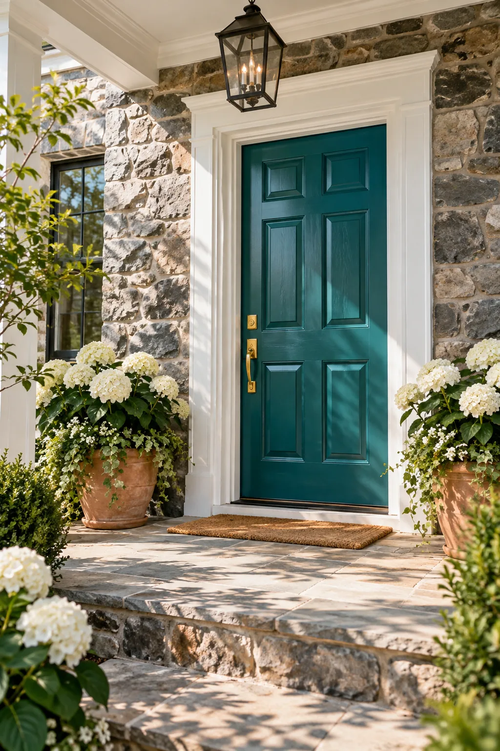 Sunlight reflecting off the smooth, semi-gloss finish of a painted teal door.