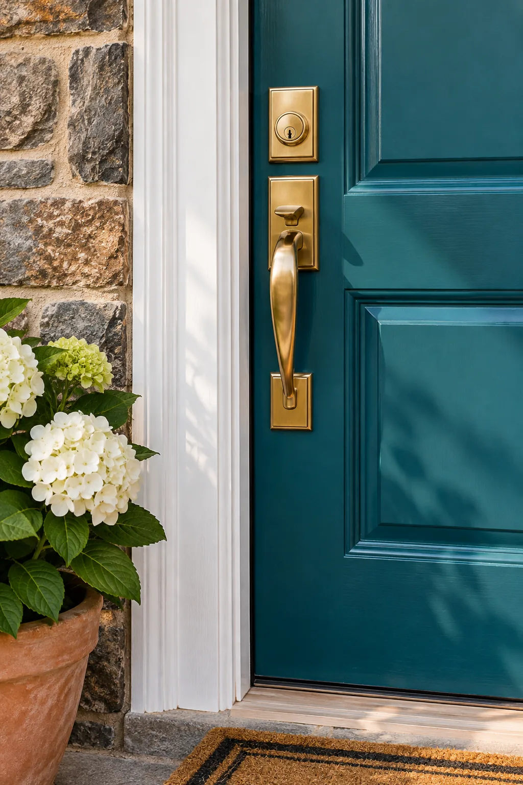 Wide, crisp white trim framing a teal door against a rough stone exterior.