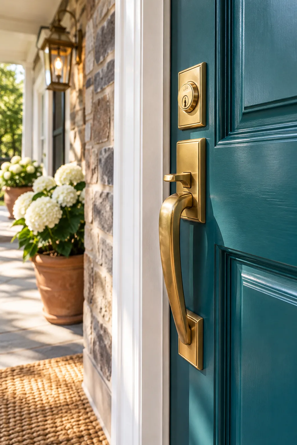 A gleaming warm brass handleset mounted on a rich teal painted door.