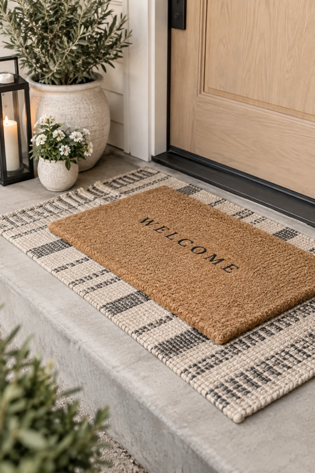 Layered patterned rug under a coir doormat
