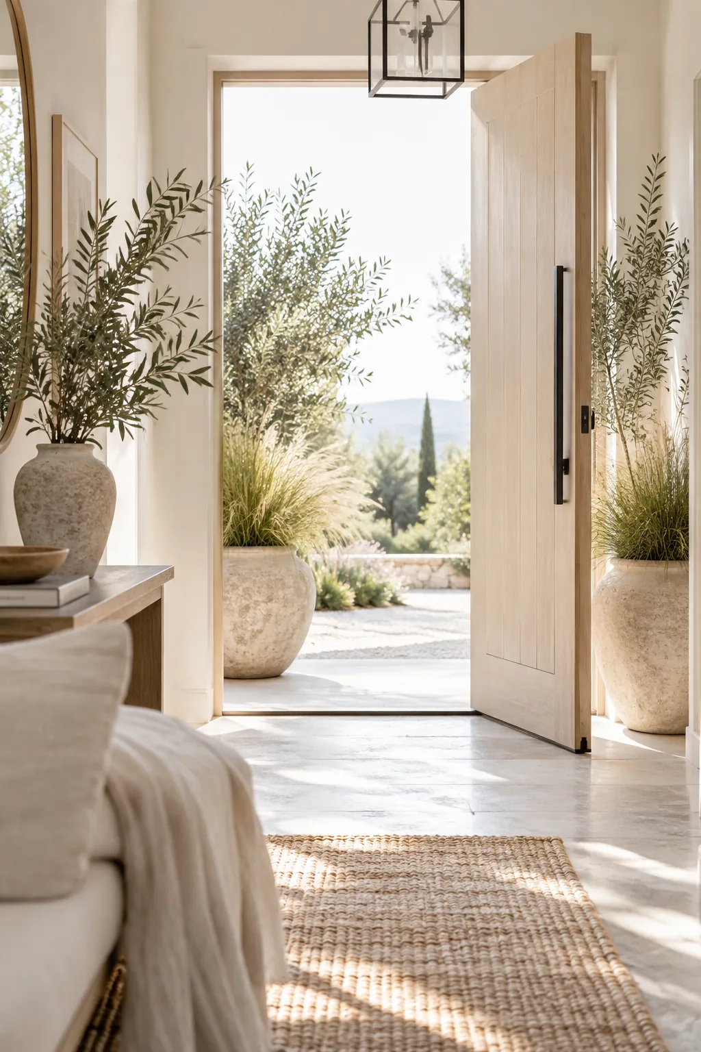 Tall black planters flanking a wooden front door