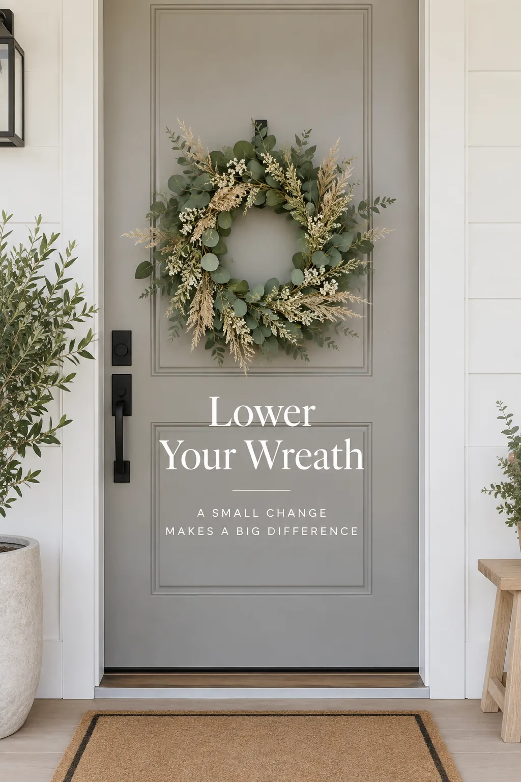 Green wreath hanging at eye level on a door