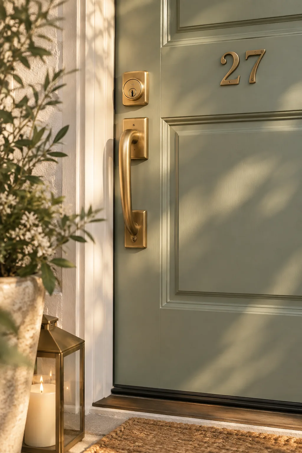 Shiny brass handle and house numbers on a door